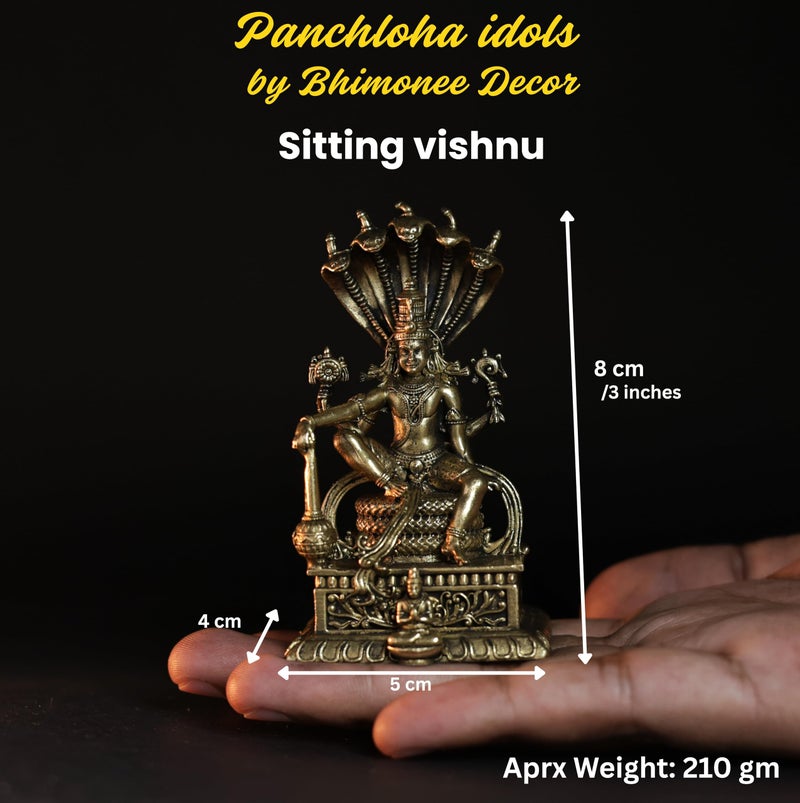 Bhimonee Decor | 210 gm Sitting Vishnu Panchloha Idol | 8 CM Height | Handmade Traditional Lord Vishnu Religious Statue for Home Temple and Pooja - Image 4