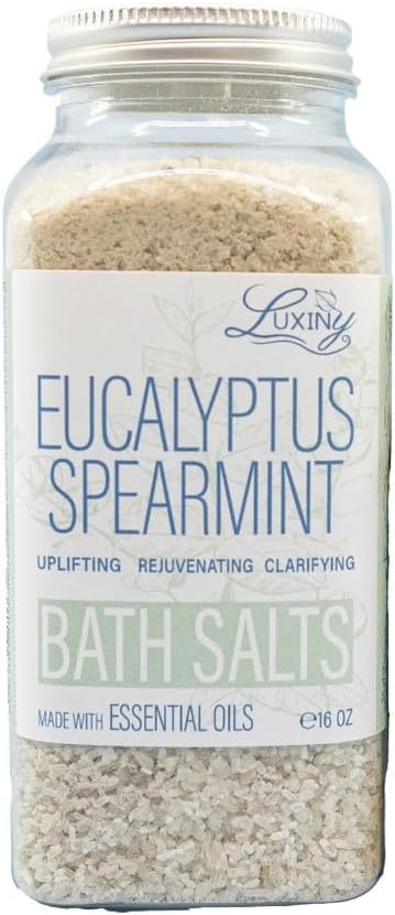 Bath Salts for Women Relaxing Sea Salt Bath Soak with Moisturizing Almond Oil and Essential Oils Made in The USA by Luxiny 16 oz Eucalyptus Spearmint