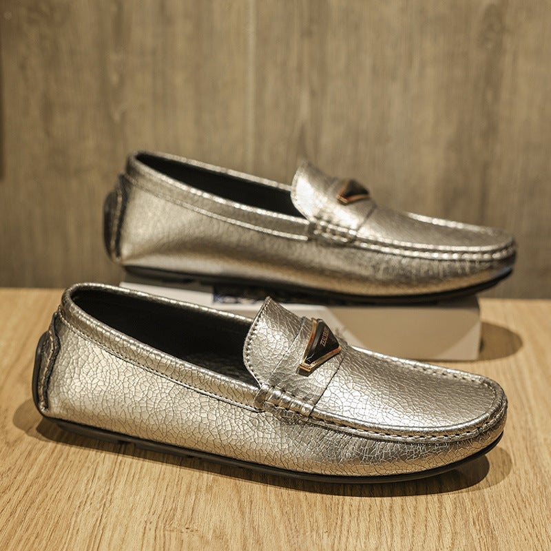 Social Boy Loaf Trbottomy Shoes Thick-Soled Casual Leather Shoes Nightclub Business Slip-On Silver Driving Slip-On Beanie Shoes - Image 3