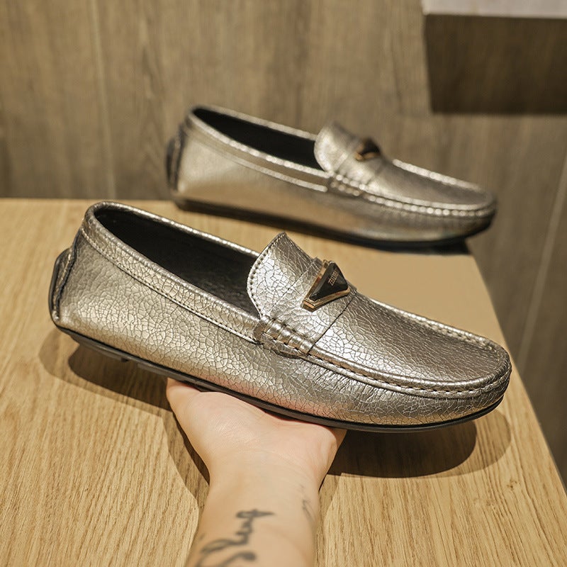 Social Boy Loaf Trbottomy Shoes Thick-Soled Casual Leather Shoes Nightclub Business Slip-On Silver Driving Slip-On Beanie Shoes - Image 2