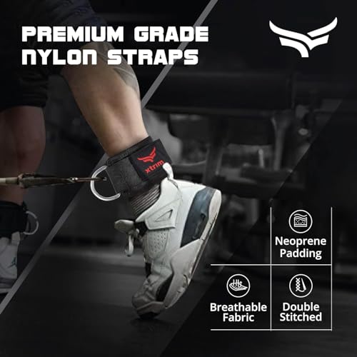 XTRIM Unisex Stylish Ankle Straps with Metal D-Rings for Cable Machine, Kickbacks and Glutes Workouts, Adjustable Ankle Straps, Curls & Hip Abductors with Padded Neoprene Support (Red) - Image 3