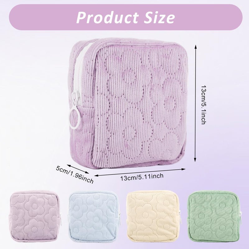May Create ® 4Pcs Fashion Corduroy Pouch, 4-Color Small Cosmetic Zipper Pouch Makeup Bag Floral Quilting Travel Bag Sanitary Pads Storage Bag - Image 2
