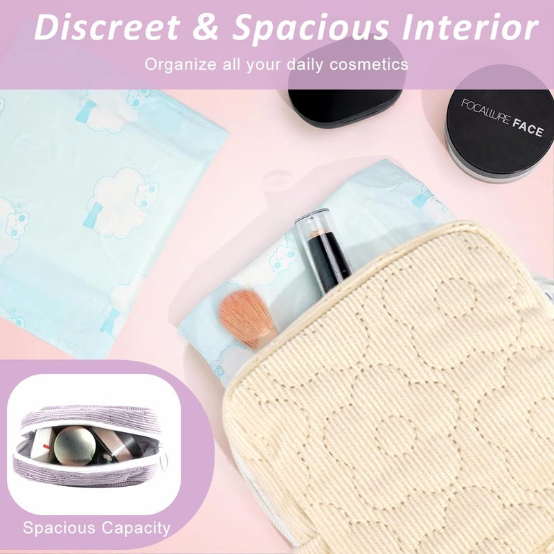 May Create ® 4Pcs Fashion Corduroy Pouch, 4-Color Small Cosmetic Zipper Pouch Makeup Bag Floral Quilting Travel Bag Sanitary Pads Storage Bag - Image 5