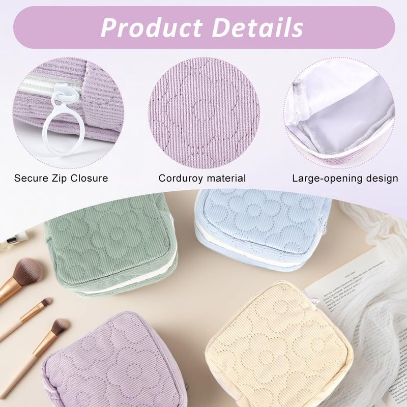 May Create ® 4Pcs Fashion Corduroy Pouch, 4-Color Small Cosmetic Zipper Pouch Makeup Bag Floral Quilting Travel Bag Sanitary Pads Storage Bag - Image 3