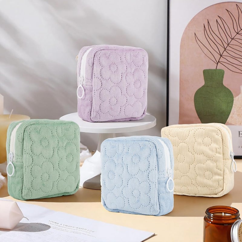 May Create ® 4Pcs Fashion Corduroy Pouch, 4-Color Small Cosmetic Zipper Pouch Makeup Bag Floral Quilting Travel Bag Sanitary Pads Storage Bag - Image 4