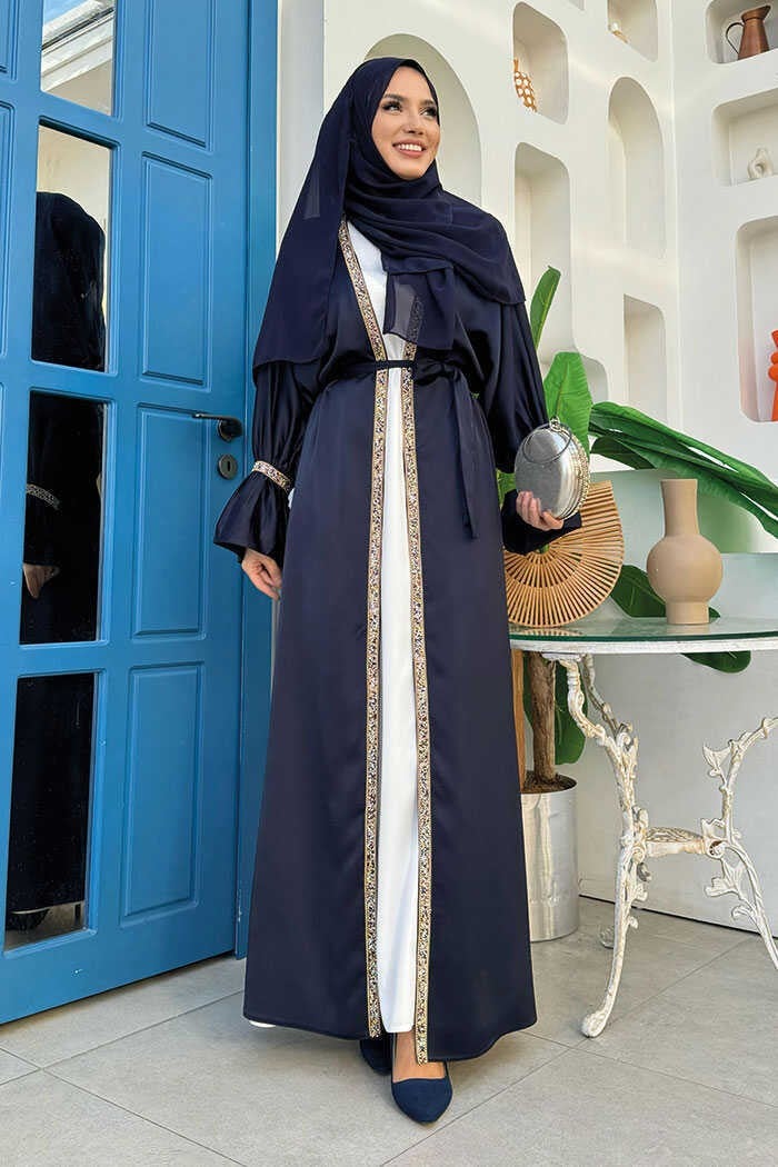 Bym Fashion Stone Embroidery Detailed Belted Dress Abaya Suit 3860 Navy Blue  - Image 1