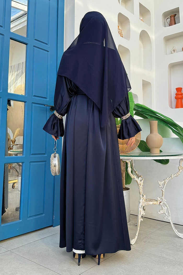 Bym Fashion Stone Embroidery Detailed Belted Dress Abaya Suit 3860 Navy Blue  - Image 3