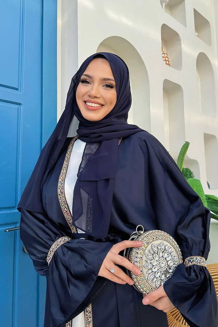 Bym Fashion Stone Embroidery Detailed Belted Dress Abaya Suit 3860 Navy Blue  - Image 4