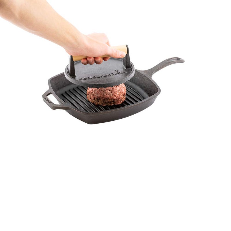Restaurantware Met Lux 7 x 28 Inch Burger Press 1 HeavyWeight Bacon Press  With Wooden Handle Enamel Coating Black Cast Iron Grill Press Grooved Bottom For Searing Meat