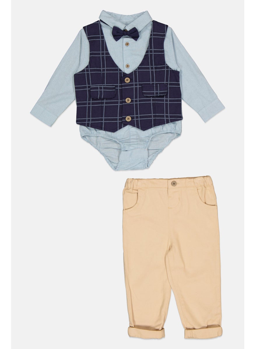 Little Gent Toddlers Boy 3 Pieces Plaid Bodysuit With Bottom And Bowtie Set, Sky Blue  - Image 1