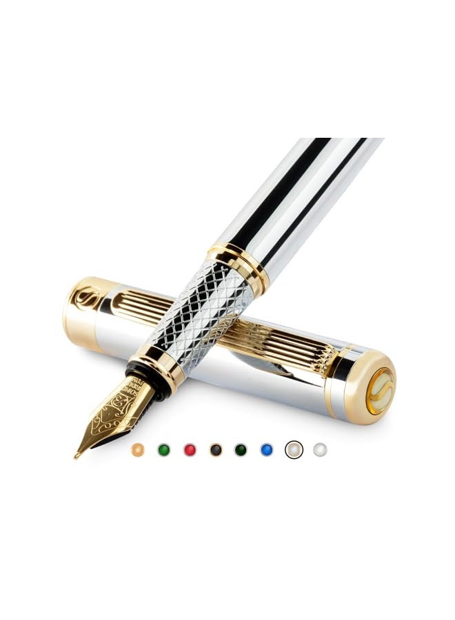 Scriveiner Silver Chrome Fountain Pen - Stunning Luxury Pen with 24K Gold Finish, Schmidt 18K Gilded Nib (Broad), Best Pen Gift Set for Men & Women, Professional, Executive Office, Nice Designer Pens - Image 1