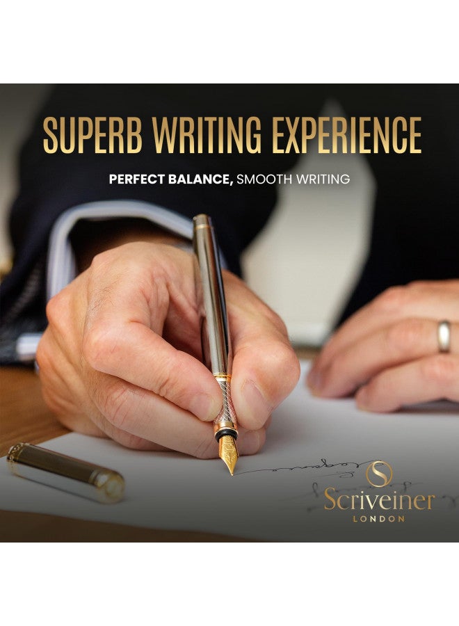 Scriveiner Silver Chrome Fountain Pen - Stunning Luxury Pen with 24K Gold Finish, Schmidt 18K Gilded Nib (Broad), Best Pen Gift Set for Men & Women, Professional, Executive Office, Nice Designer Pens - Image 5