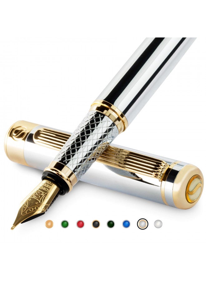 Scriveiner Silver Chrome Fountain Pen - Stunning Luxury Pen with 24K Gold Finish, Schmidt 18K Gilded Nib (Broad), Best Pen Gift Set for Men & Women, Professional, Executive Office, Nice Designer Pens - Image 2