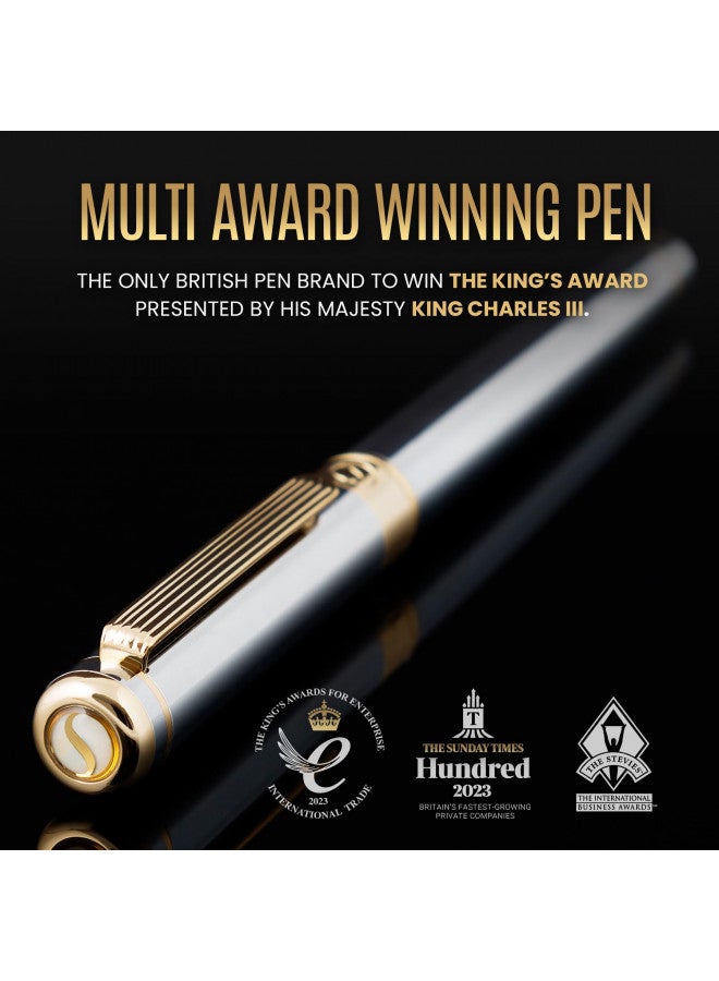 Scriveiner Silver Chrome Fountain Pen - Stunning Luxury Pen with 24K Gold Finish, Schmidt 18K Gilded Nib (Broad), Best Pen Gift Set for Men & Women, Professional, Executive Office, Nice Designer Pens - Image 3