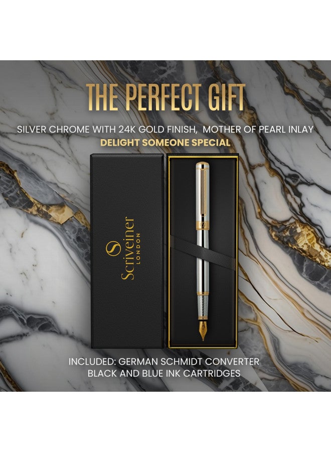 Scriveiner Silver Chrome Fountain Pen - Stunning Luxury Pen with 24K Gold Finish, Schmidt 18K Gilded Nib (Broad), Best Pen Gift Set for Men & Women, Professional, Executive Office, Nice Designer Pens - Image 4
