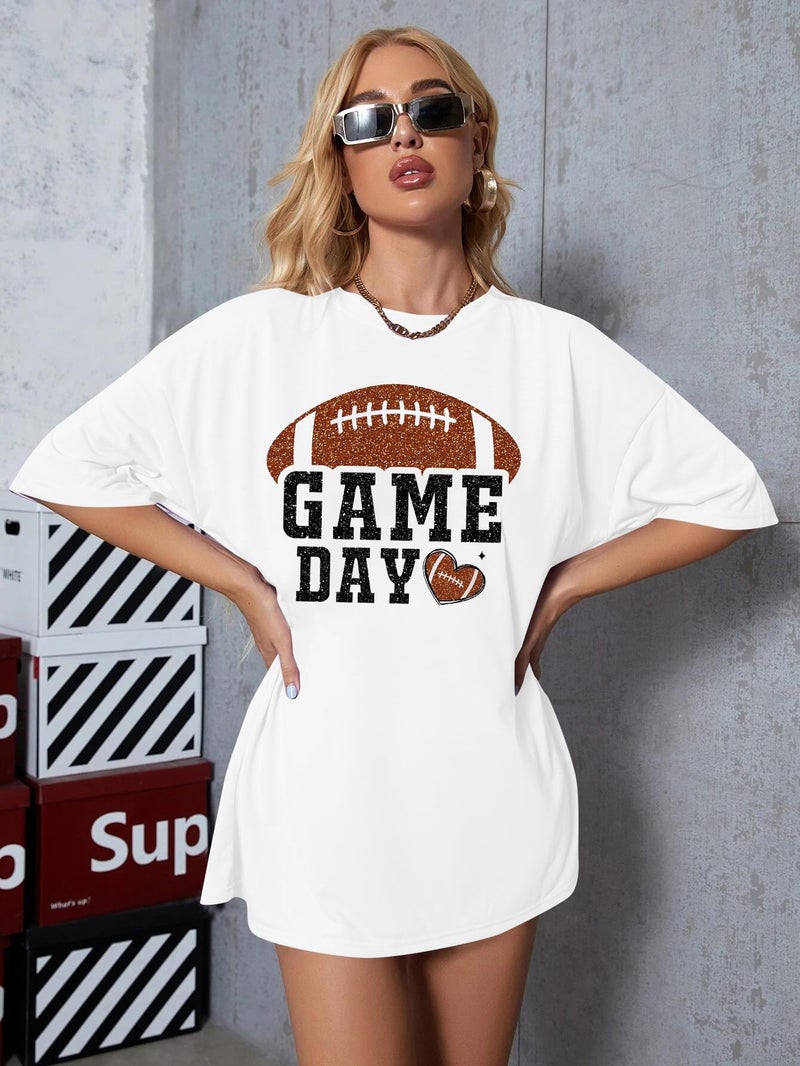 LUKYCILD Women Game Day Shirt Football T Shirts Oversized Gameday Football Season T-Shirt Casual Glitter Short Sleeve Tops White - Image 3