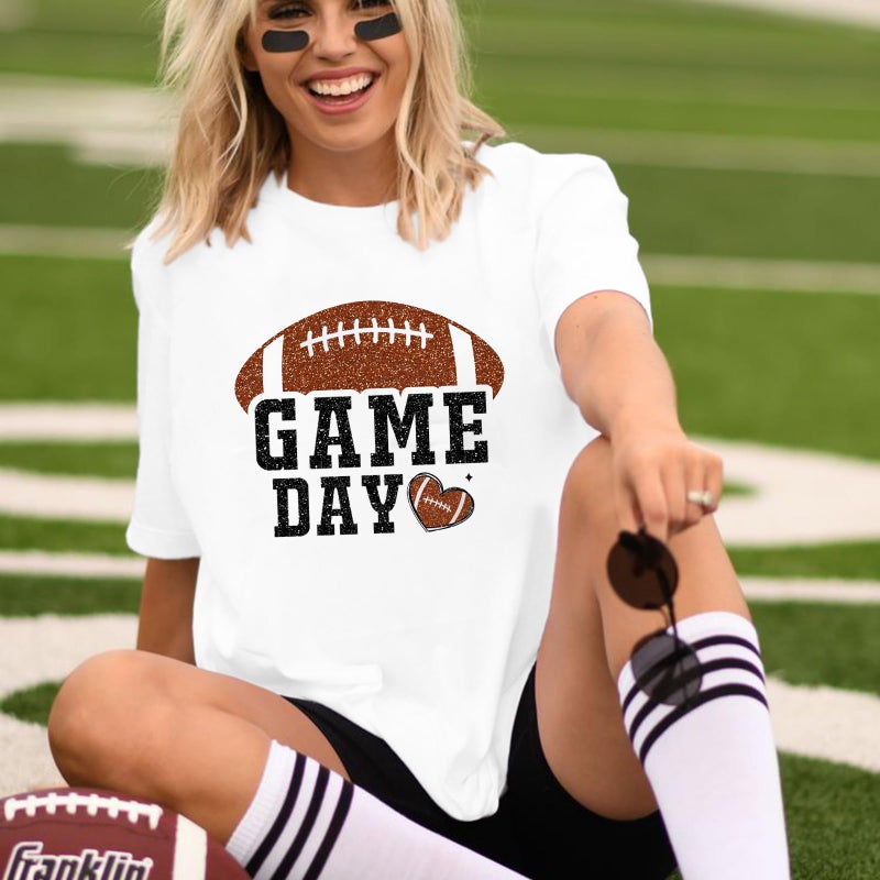 LUKYCILD Women Game Day Shirt Football T Shirts Oversized Gameday Football Season T-Shirt Casual Glitter Short Sleeve Tops White - Image 5