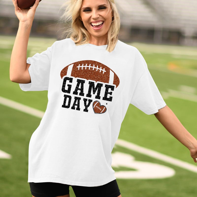 LUKYCILD Women Game Day Shirt Football T Shirts Oversized Gameday Football Season T-Shirt Casual Glitter Short Sleeve Tops White - Image 2