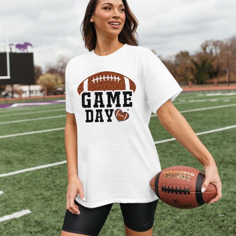 LUKYCILD Women Game Day Shirt Football T Shirts Oversized Gameday Football Season T-Shirt Casual Glitter Short Sleeve Tops White - Image 4