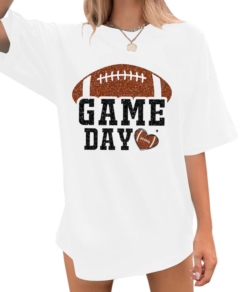 LUKYCILD Women Game Day Shirt Football T Shirts Oversized Gameday Football Season T-Shirt Casual Glitter Short Sleeve Tops White - Image 1