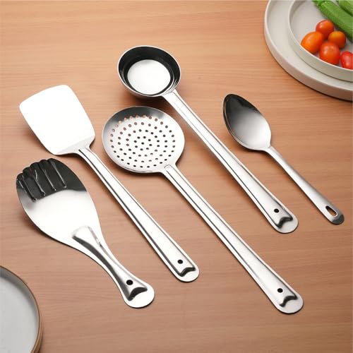 Lifelong Stainless Steel Cooking Utensils Set – 5 Piece Serving Spoon Set for Kitchen with Ladle, Skimmer, Spatula, Basting and Rice Spoon – Kitchen Utensil Set for Daily Use (LLCTKT05, Silver) - Image 1
