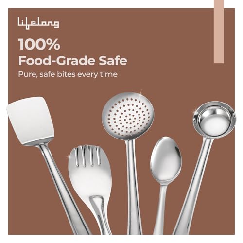 Lifelong Stainless Steel Cooking Utensils Set – 5 Piece Serving Spoon Set for Kitchen with Ladle, Skimmer, Spatula, Basting and Rice Spoon – Kitchen Utensil Set for Daily Use (LLCTKT05, Silver) - Image 2