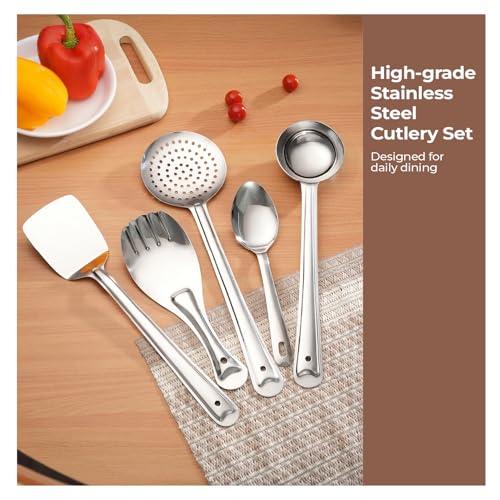 Lifelong Stainless Steel Cooking Utensils Set – 5 Piece Serving Spoon Set for Kitchen with Ladle, Skimmer, Spatula, Basting and Rice Spoon – Kitchen Utensil Set for Daily Use (LLCTKT05, Silver) - Image 3