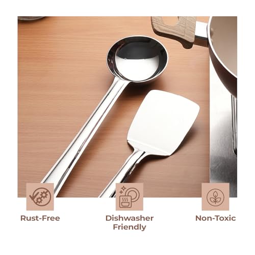Lifelong Stainless Steel Cooking Utensils Set – 5 Piece Serving Spoon Set for Kitchen with Ladle, Skimmer, Spatula, Basting and Rice Spoon – Kitchen Utensil Set for Daily Use (LLCTKT05, Silver) - Image 4