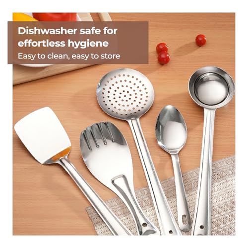 Lifelong Stainless Steel Cooking Utensils Set – 5 Piece Serving Spoon Set for Kitchen with Ladle, Skimmer, Spatula, Basting and Rice Spoon – Kitchen Utensil Set for Daily Use (LLCTKT05, Silver) - Image 5