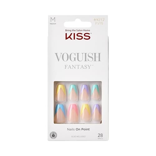 KISS Voguish Fantasy, Press On Nails, Nail Glue Included, 'Candies', Multicolor, Medium Size, Coffin Shape, Includes 28 Nails, 2g glue, 1 Manicure Stick, 1 Mini File - Image 1