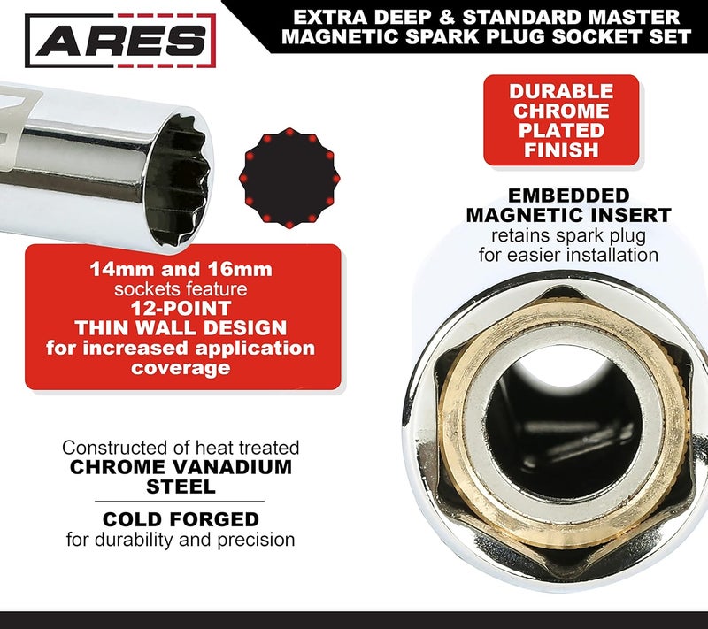 ARES 11033-10-Piece Extra Deep and Standard Length Magnetic Spark Plug Socket Set – 3/8-Inch Drive Spark Plug Sockets - 2.5-Inch and 6-Inch Length 6-Point and 12-Point Sockets – Foam Storage Tray - Image 3