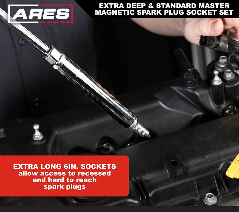 ARES 11033-10-Piece Extra Deep and Standard Length Magnetic Spark Plug Socket Set – 3/8-Inch Drive Spark Plug Sockets - 2.5-Inch and 6-Inch Length 6-Point and 12-Point Sockets – Foam Storage Tray - Image 4