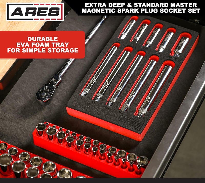 ARES 11033-10-Piece Extra Deep and Standard Length Magnetic Spark Plug Socket Set – 3/8-Inch Drive Spark Plug Sockets - 2.5-Inch and 6-Inch Length 6-Point and 12-Point Sockets – Foam Storage Tray - Image 5
