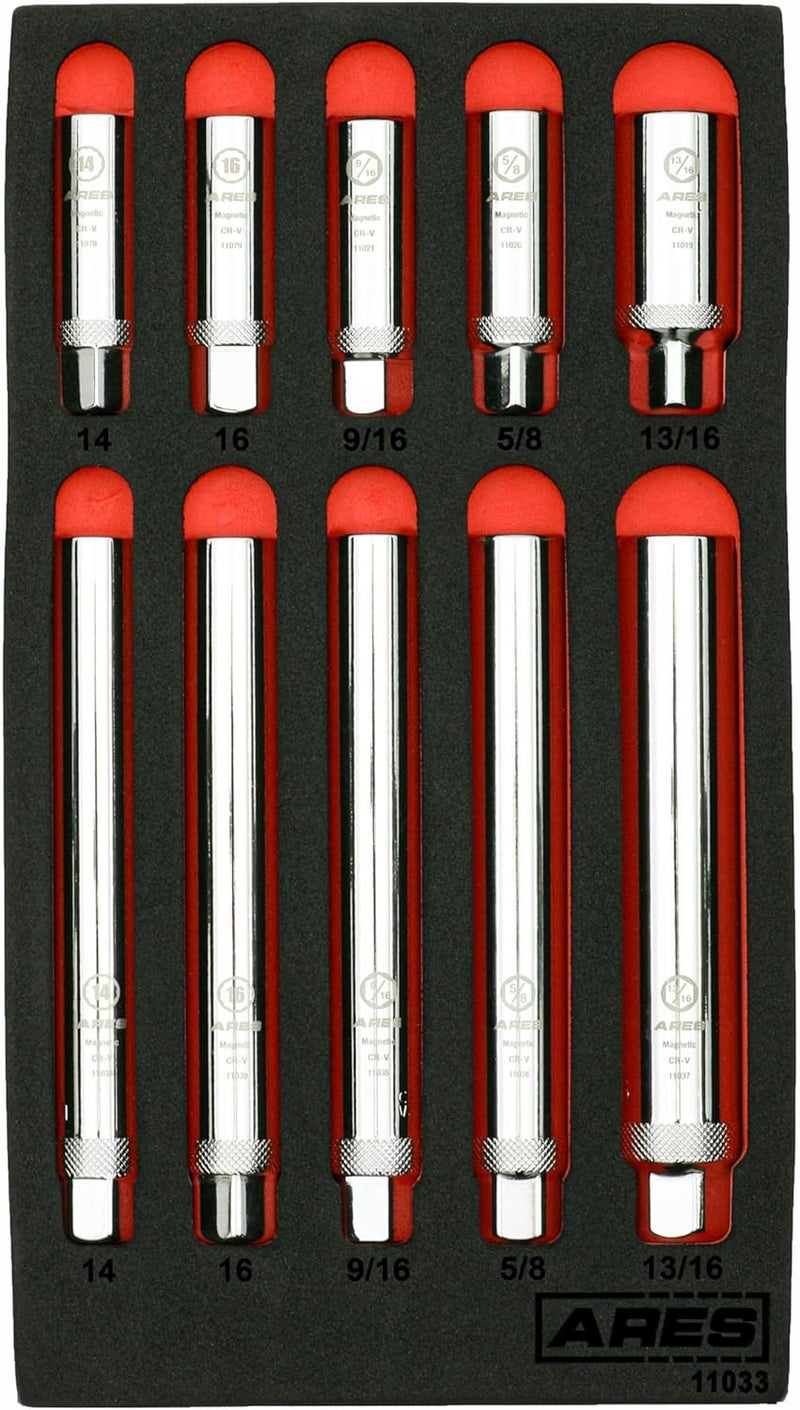 ARES 11033-10-Piece Extra Deep and Standard Length Magnetic Spark Plug Socket Set – 3/8-Inch Drive Spark Plug Sockets - 2.5-Inch and 6-Inch Length 6-Point and 12-Point Sockets – Foam Storage Tray - Image 1