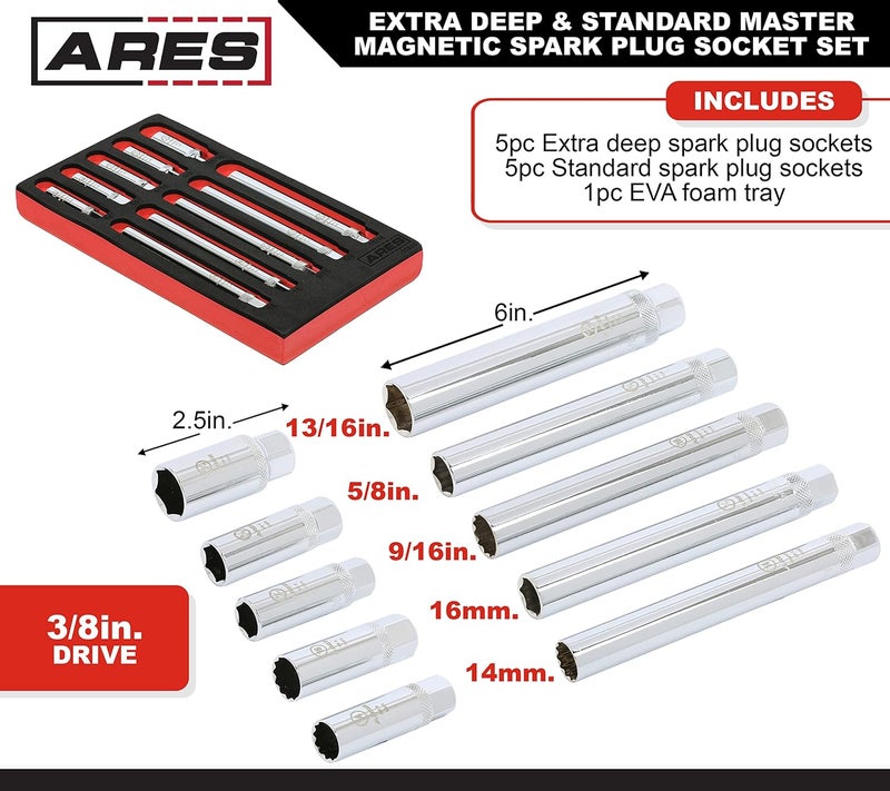 ARES 11033-10-Piece Extra Deep and Standard Length Magnetic Spark Plug Socket Set – 3/8-Inch Drive Spark Plug Sockets - 2.5-Inch and 6-Inch Length 6-Point and 12-Point Sockets – Foam Storage Tray - Image 2