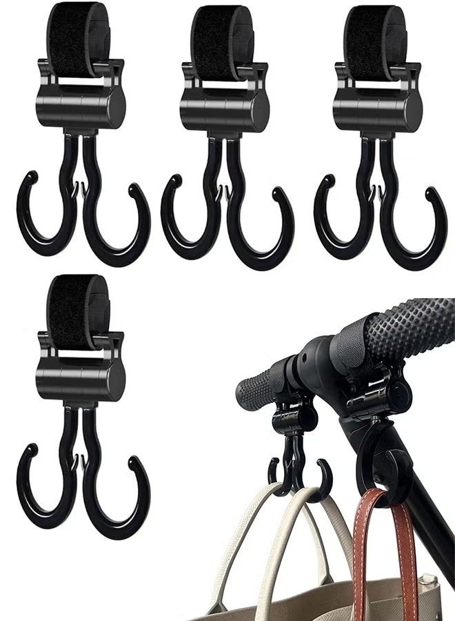 4 Packs 360-Degree Rotating Multi Purpose Stroller Hooks Baby Stroller Hooks Clips Stroller Carriage Storage Bag Pram Velcro Hooks Heavy Duty Non-slip Stroller Universal Hooks Accessories (Black) - Image 1