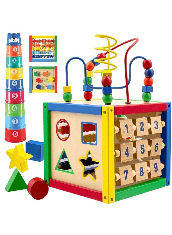 Play22 Wooden Activity Play Cube 6 in-1 for Baby with Removable Bead Maze, Shape Sorter, Abacus Counting Beads & Numbers, Sliding Shapes, 8Pcs Stacking Cups - Play22 - Image 1
