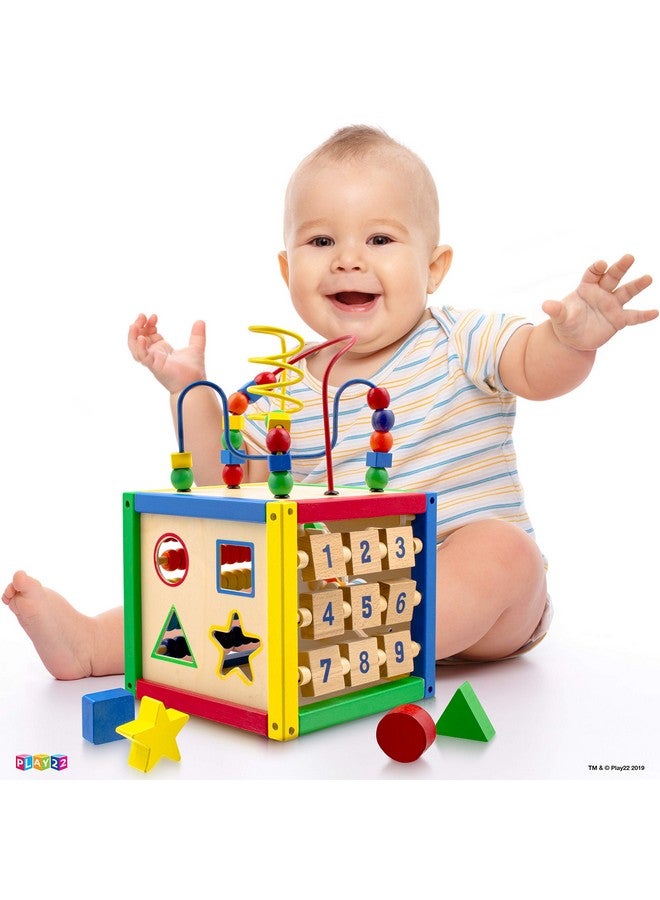 Play22 Wooden Activity Play Cube 6 in-1 for Baby with Removable Bead Maze, Shape Sorter, Abacus Counting Beads & Numbers, Sliding Shapes, 8Pcs Stacking Cups - Play22 - Image 2