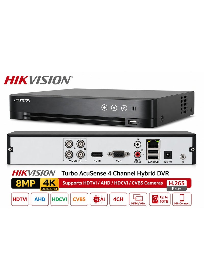هيك فيجن Hikvision iDS-7204HUHI-M1/E Turbo AcuSense 4 Channel Hybrid DVR – 8MP & 4K Ultra HD – Supports HDTVI / AHD / HDCVI / CVBS Analog Cameras – H.265 Pro+ - Image 1