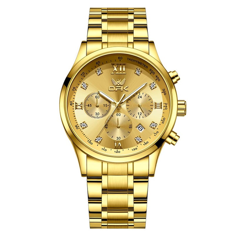 OPK Watch for Men Diamond Gold Analog Watches Waterproof Stainless Steel Casual Business Wristwatch - Image 1