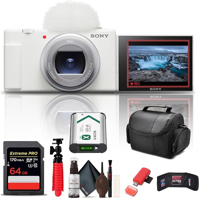 Sony ZV-1 II Vlog Camera for Content Creators and Vloggers (White) (ZV-1M2/W) + 64GB Memory Card + Card Reader + Deluxe Soft Bag + Flex Tripod + Memory Wallet + Cleaning Kit - Image 1