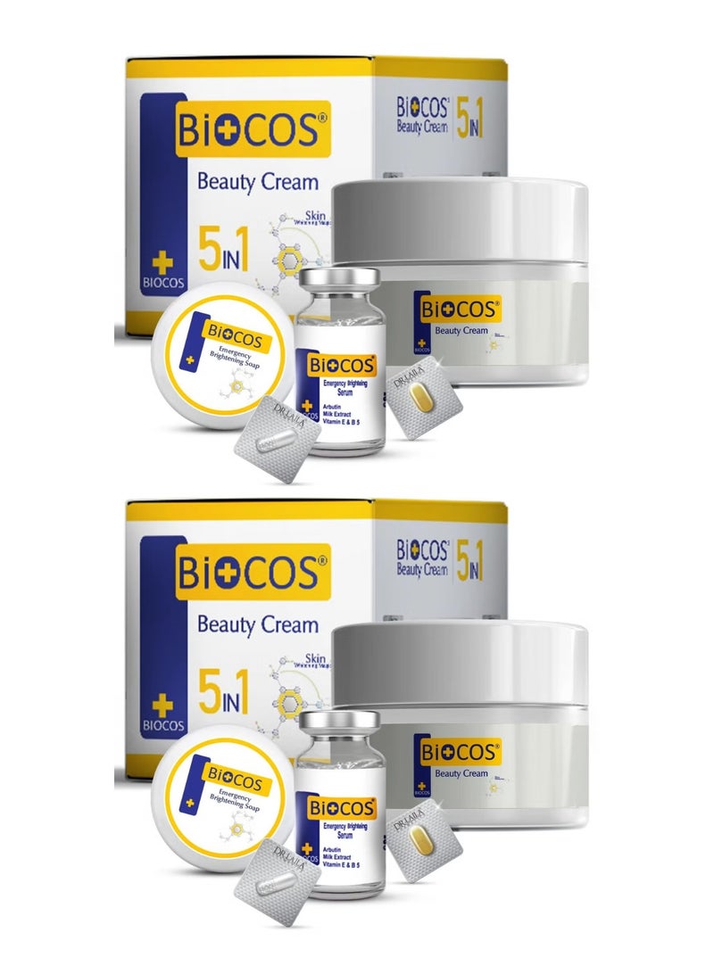 BIOCOS 5-in-1 Beauty Cream - Anti-aging Brightening And Deep Hydrating Formula Enriched With Arbutin Vitamin E, B5, Kojic Acid, Serum, And Beauty Soap - Pack of 2 - Image 1