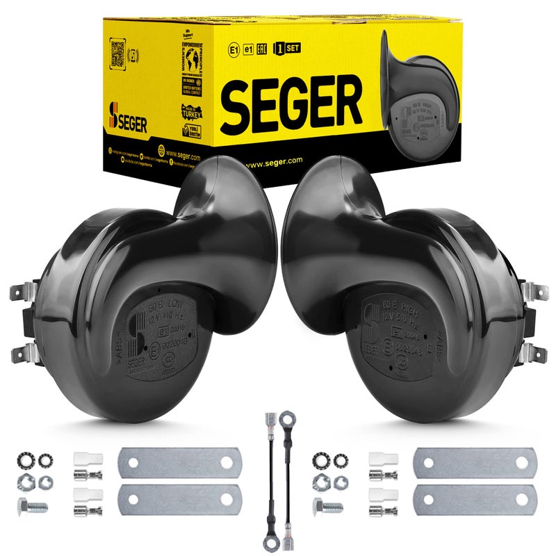 SEGER Trumpet Car Horn Set - Truck Horn - Waterproof - High/Low Tone, 12 Volt, Universal Fit - Original 60B Series - European Made 12V Loud Car Horns with Brackets and Assembly Kit
