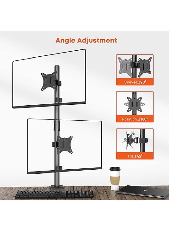 WORLDLIFT Vertical Dual Monitor Stand – Height Adjustable Desk Base, Supports Monitors up to 32", with Swivel, Tilt, and Slide – Includes C-Clamp Mounting Bases and Grommet – Black - Image 2