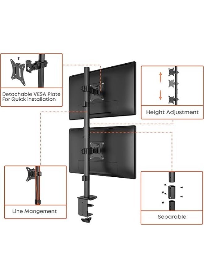 WORLDLIFT Vertical Dual Monitor Stand – Height Adjustable Desk Base, Supports Monitors up to 32", with Swivel, Tilt, and Slide – Includes C-Clamp Mounting Bases and Grommet – Black - Image 3