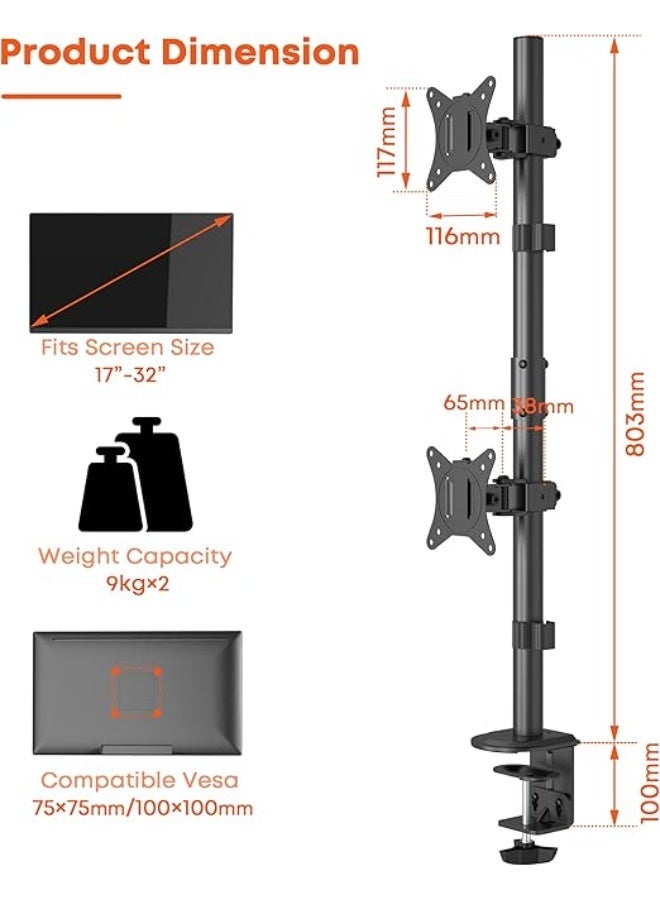 WORLDLIFT Vertical Dual Monitor Stand – Height Adjustable Desk Base, Supports Monitors up to 32", with Swivel, Tilt, and Slide – Includes C-Clamp Mounting Bases and Grommet – Black - Image 4