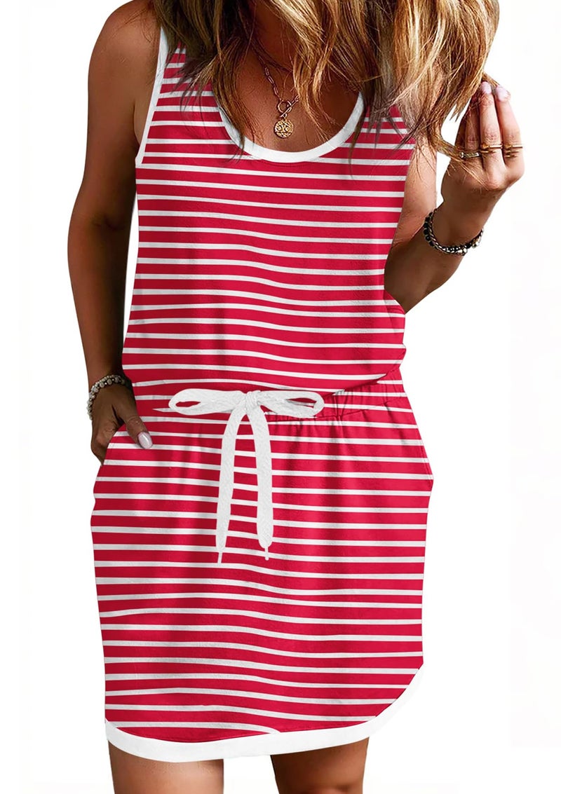 Yousify Womens Summer Sleeveless Striped Dress Drawstring Waist Casual Tank Mini Dresses with Pockets Red White - Image 2