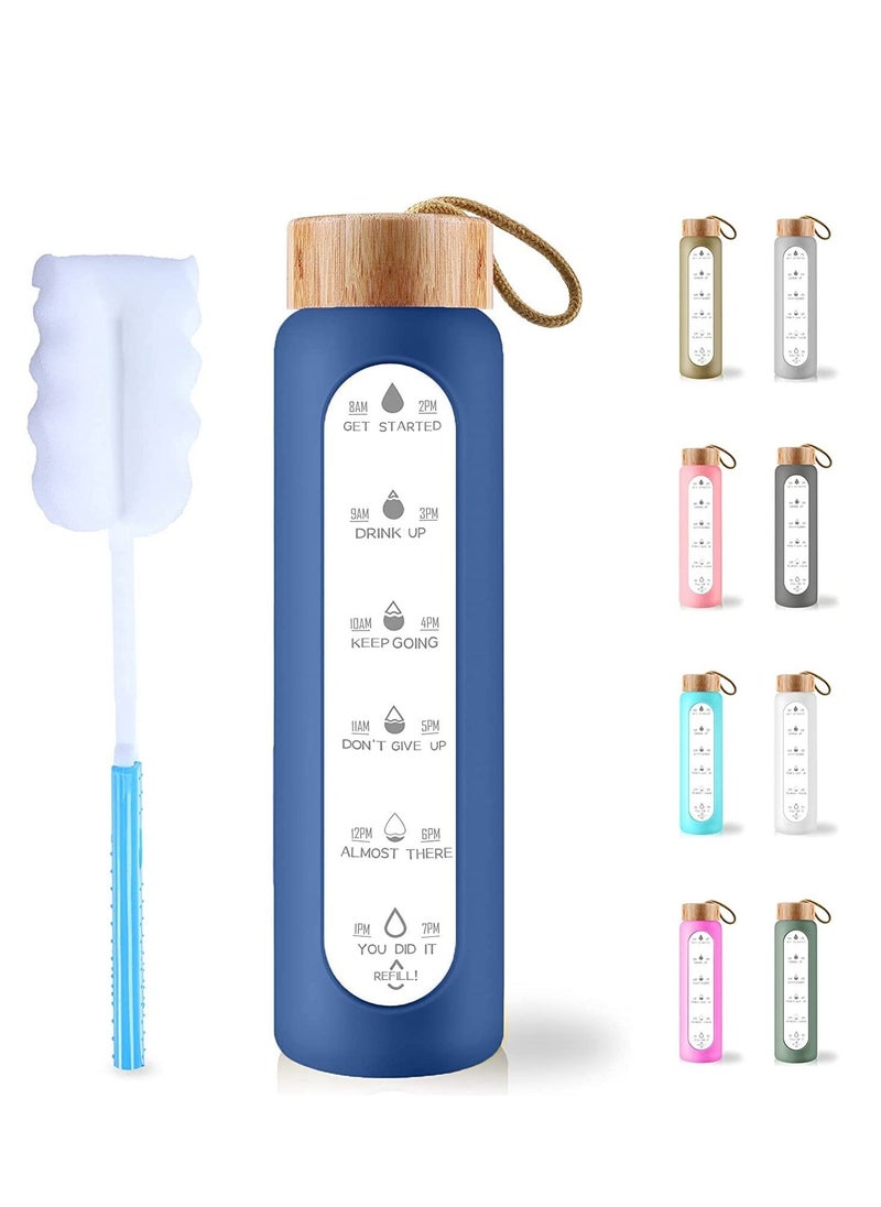 MIXDE - 32 Oz Borosilicate Glass Water Bottle with Times to Drink - Wide Mouth BPA Free Glass Motivational Water Bottles with Silicone Sleeve, Bamboo Lid, Fruit Infuser, and Bonus Brush (Blue) - Image 1