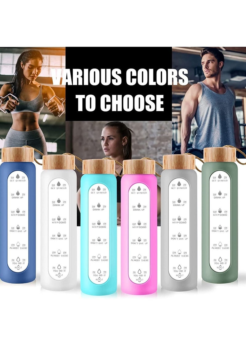 MIXDE - 32 Oz Borosilicate Glass Water Bottle with Times to Drink - Wide Mouth BPA Free Glass Motivational Water Bottles with Silicone Sleeve, Bamboo Lid, Fruit Infuser, and Bonus Brush (Blue) - Image 1