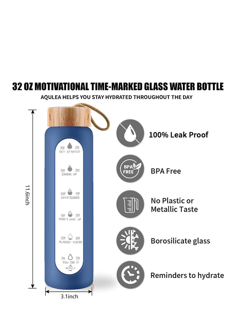 MIXDE - 32 Oz Borosilicate Glass Water Bottle with Times to Drink - Wide Mouth BPA Free Glass Motivational Water Bottles with Silicone Sleeve, Bamboo Lid, Fruit Infuser, and Bonus Brush (Blue) - Image 1